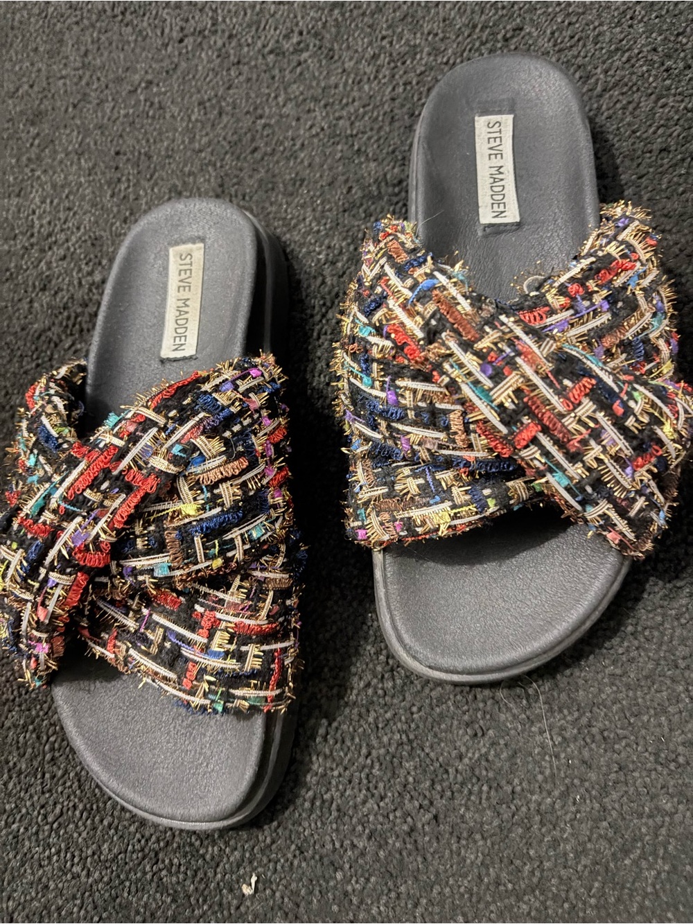 Steve Madden Black Slide Sandals with Multicolor Tweed Crossbands